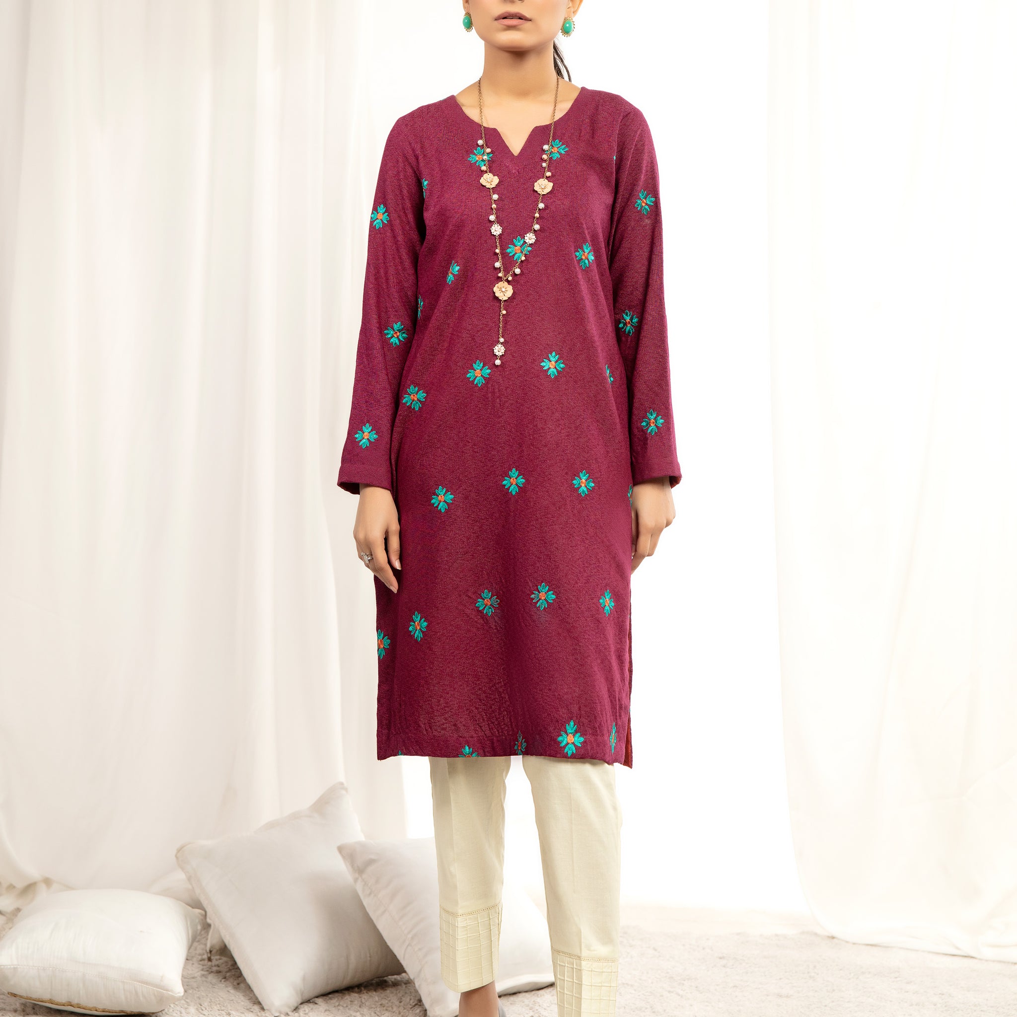 KARANDI EMBORIED SHIRT - Maroon (ZA-WSC-12)